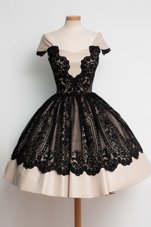 Best Selling Black Ball Gowns Satin Scoop Cap Sleeves Lace Knee Length Zipper Prom Evening Gown
