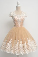 Modern Scoop Champagne Cap Sleeves Knee Length Lace Zipper Homecoming Dress