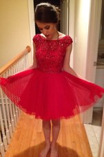 Sumptuous Red Tulle Zipper Prom Gown Cap Sleeves Knee Length Beading