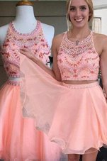 Fancy Scoop Pink Sleeveless Chiffon Backless for Prom and Party