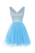 Fashion Sleeveless Tulle Knee Length Zipper Prom Evening Gown in Blue for with Beading