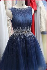 Fabulous Scoop Navy Blue Zipper Prom Dresses Beading Sleeveless Knee Length