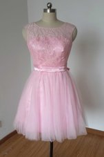 Cheap Pink A-line Tulle and Lace Scoop Sleeveless Lace and Bowknot Knee Length Backless Evening Dress