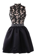 Colorful Knee Length Black Prom Evening Gown Satin Sleeveless Beading and Appliques