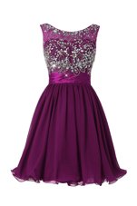 Sophisticated Royal Blue and Purple A-line Chiffon Scoop Sleeveless Beading and Sashes|ribbons Knee Length Zipper Prom Party Dress