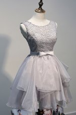 Scoop Knee Length Grey Prom Dress Organza and Lace Sleeveless Beading