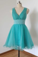 Wonderful Turquoise Criss Cross V-neck Beading Prom Evening Gown Tulle Sleeveless