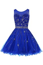 Suitable Sleeveless Tulle Knee Length Zipper Prom Gown in Royal Blue for with Beading