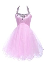 Luxurious Halter Top Pink Sleeveless Satin and Tulle Lace Up Prom Party Dress for Prom and Party