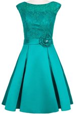 Stunning Taffeta and Lace Scoop Cap Sleeves Zipper Hand Made Flower Mother Of The Bride Dress in Teal