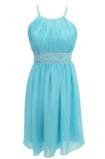 Fine Halter Top Sleeveless Chiffon Knee Length Criss Cross Dress for Prom in Blue for with Beading
