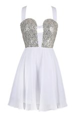 Adorable Sequins White and Navy Blue Sleeveless Chiffon Criss Cross Homecoming Dress for Prom and Party