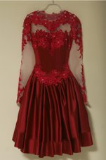 Custom Design Red A-line Satin Scoop Long Sleeves Appliques Knee Length Zipper Mother Of The Bride Dress