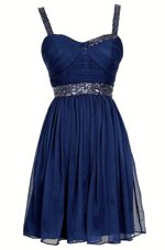 Straps Sleeveless Prom Party Dress Knee Length Sequins Navy Blue Chiffon