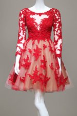 Modest Scoop Lace Red Long Sleeves Appliques Knee Length Prom Party Dress