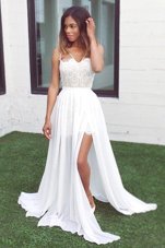 Modest Sleeveless Chiffon Sweep Train Zipper Evening Dress in White for with Lace