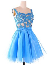 Designer Scoop Sleeveless Homecoming Dress Knee Length Lace Red and Blue Organza and Tulle and Lace