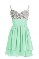 Turquoise Column/Sheath Sweetheart Sleeveless Chiffon Mini Length Zipper Beading and Ruching Prom Party Dress