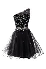 Custom Made Black A-line One Shoulder Sleeveless Organza Mini Length Side Zipper Beading Evening Dress