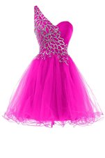 Sexy One Shoulder Hot Pink Sleeveless Organza Zipper Prom Dresses for Prom and Party