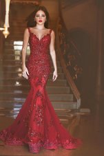 High Quality Mermaid Red Backless Spaghetti Straps Appliques and Sequins Dress for Prom Tulle Sleeveless Sweep Train