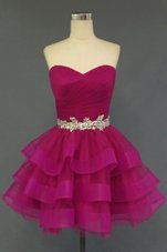 Customized Hot Pink Lace Up Homecoming Dress Beading and Ruffled Layers Sleeveless Knee Length