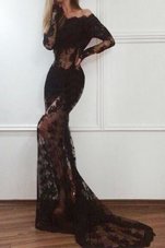 Captivating Black Mermaid Lace Off The Shoulder Long Sleeves Lace With Train Zipper Homecoming Dress Court Train