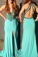 Excellent With Train Empire Sleeveless Turquoise Prom Dress Sweep Train Backless