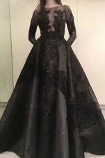 Colorful Black Zipper Bateau Beading and Appliques Military Ball Gown Satin Long Sleeves