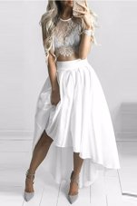 On Sale Scoop White Lace Up Prom Dresses Lace Cap Sleeves Asymmetrical