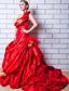 Red A-line One Shoulder Brush Train Taffeta Appliques and Hand Made Flowers Prom Dress