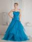 Teal Mermaid Sweetheart Brush Train Tulle Appliques and Ruch Prom Dress