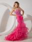 Hot Pink Mermaid Strapless Brush Ruffles Train Prom / Evening Dress with Beading