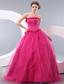 Hot Pink A-line Strapless Floor-length Tulle Beading Prom / Evening Dress