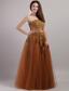 Brown Empire Strapless Floor-length Tulle Appliques Prom Dress