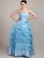 Blue A-line Strapless Floor-length Taffeta and Organza Beading Prom Dress