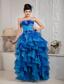 Blue Empire Strapless Floor-length Organza Appliques Prom Dress