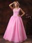 Rose Pink Wide Straps Neckline Lace-up Princess Bridesmaid Dress For Wedding Party Appliques Decorate