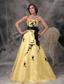 Yellow And Black A-line Strapless Floor-length Organza Appliques Prom Dress