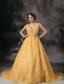 Yellow A-line V-neck Brush Train Organza Beading Prom / Evening Dress