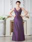 Purple Column V-neck Ruch Prom Dress Floor-length Taffeta