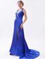 Royal Blue Column / Sheath Straps Prom Dress Embroidery with Beading Brush Train Satin