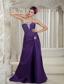 Purple Column Strapless Brush Train Satin Appliques Prom Dress