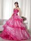 Hot Pink Ball Gown Sweetheart Floor-length Taffeta and Organza Beading and Hand Made Flower Quinceanera Dress