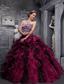 Burgundy Ball Gown Sweetheart Floor-length Zebra and Organza Ruffles and Beading Quinceanera Dress