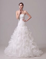 Strapless Sleeveless Court Train Lace Up Wedding Dresses White Organza