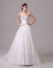 Sumptuous White Tulle Lace Up Wedding Gown Sleeveless With Brush Train Beading and Hand Made Flower