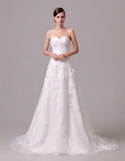 Flirting White Sweetheart Neckline Appliques and Hand Made Flower Wedding Dresses Sleeveless Lace Up