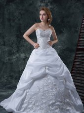 Artistic White Sleeveless Brush Train Beading and Embroidery With Train Wedding Gowns