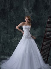 Top Selling Court Train Column/Sheath Wedding Dress White Strapless Tulle Sleeveless With Train Lace Up